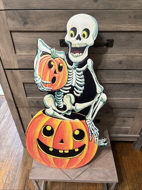 Vintage Retro Inspired Halloween SKELETON W/ JACK O LANTERN METAL Porch Sign NEW
